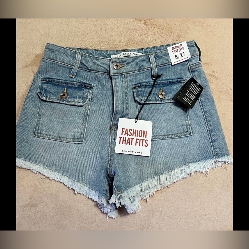 Celebrity Pink Light Blue Frayed Jean Shorts